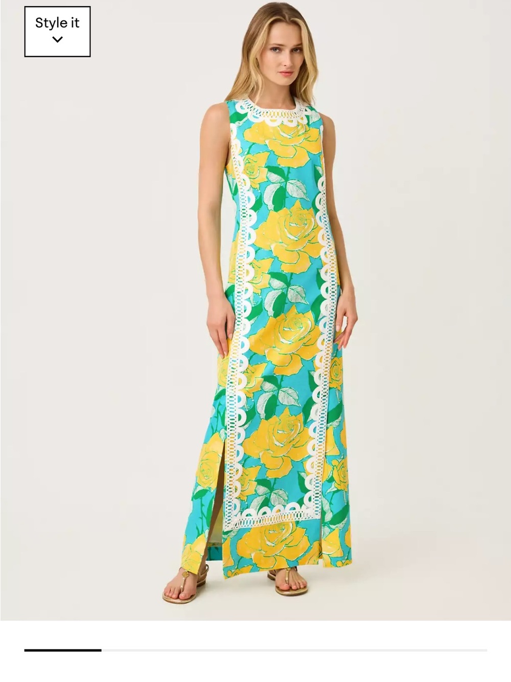 Lilly Pulitzer Lotta Shift Dress. Yellow & Green Floral Lace-Trim Maxi Dress
